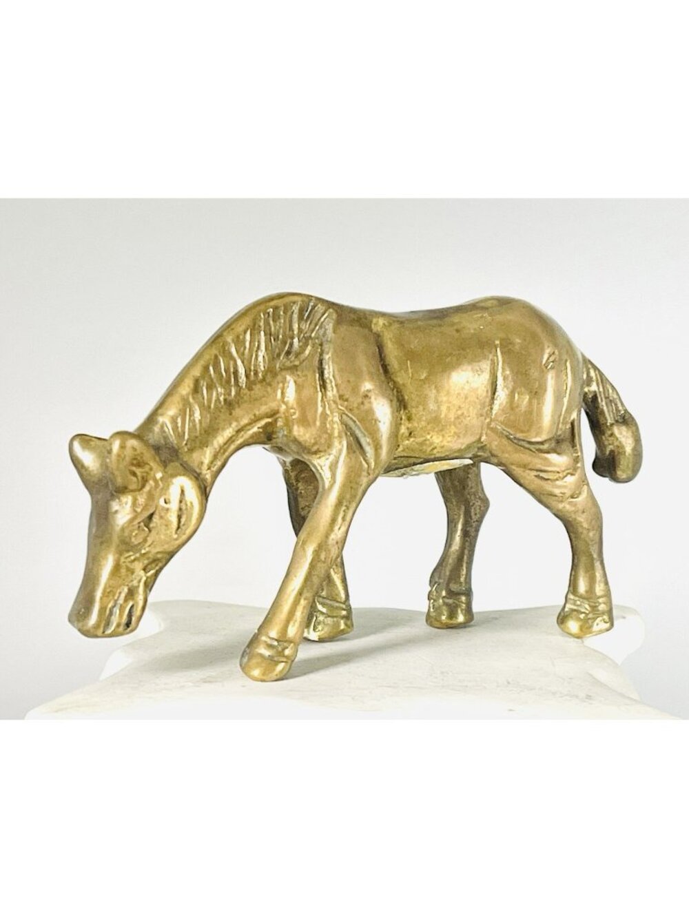 Vintage Brass Grazing Horse Figurine 4.5x2.5” Paperweight Pony MCM Rustic Decor